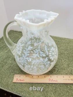 FENTON White Opalescent Daisy & Fern Pitcher 9