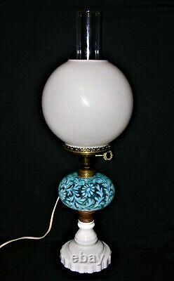 FENTON for L. G. WRIGHT BLUE DAISY & FERN VICTORIAN TABLE LAMP