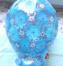 Fabu-glass! Moser Heavily Enameled Blue Opalescent Glass Vase- Lilac & Off-white