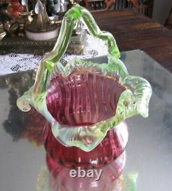 Fabulous Large Victorian Antique Cranberry Vaseline Glass Basket Vase