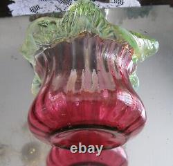 Fabulous Large Victorian Antique Cranberry Vaseline Glass Basket Vase