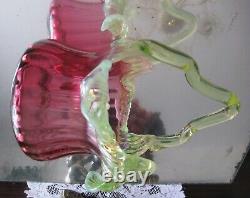 Fabulous Large Victorian Antique Cranberry Vaseline Glass Basket Vase