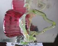 Fabulous Large Victorian Antique Cranberry Vaseline Glass Basket Vase