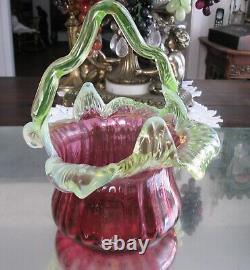 Fabulous Large Victorian Antique Cranberry Vaseline Glass Basket Vase