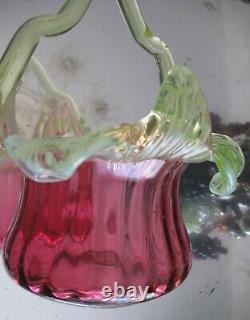 Fabulous Large Victorian Antique Cranberry Vaseline Glass Basket Vase