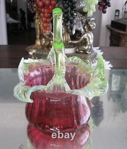 Fabulous Large Victorian Antique Cranberry Vaseline Glass Basket Vase