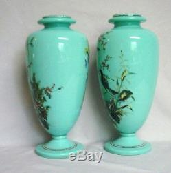 Fantastic Pr Antique Victorian Bristol Glass Blue Birds & Floral Mantle Vases