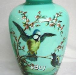 Fantastic Pr Antique Victorian Bristol Glass Blue Birds & Floral Mantle Vases
