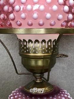 Fenton ART GLASS Hobnail Cranberry Opalescent Table Lamp BRASS PARLOR STUDENT