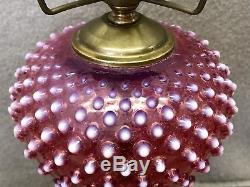 Fenton ART GLASS Hobnail Cranberry Opalescent Table Lamp BRASS PARLOR STUDENT