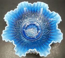 Fenton Art Glass Blue Opalescent Hearts & Flowers 10.5 Ruffled Bowl Signed