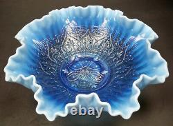 Fenton Art Glass Blue Opalescent Hearts & Flowers 10.5 Ruffled Bowl Signed