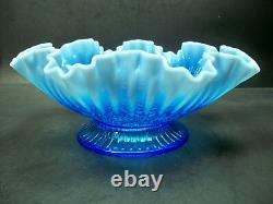 Fenton Art Glass Blue Opalescent Hearts & Flowers 10.5 Ruffled Bowl Signed