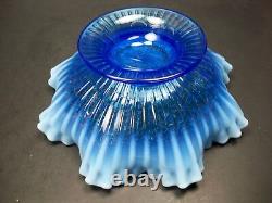 Fenton Art Glass Blue Opalescent Hearts & Flowers 10.5 Ruffled Bowl Signed