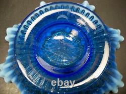 Fenton Art Glass Blue Opalescent Hearts & Flowers 10.5 Ruffled Bowl Signed