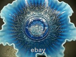 Fenton Art Glass Blue Opalescent Hearts & Flowers 10.5 Ruffled Bowl Signed