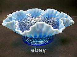 Fenton Art Glass Blue Opalescent Hearts & Flowers 10.5 Ruffled Bowl Signed