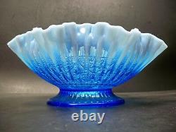 Fenton Art Glass Blue Opalescent Hearts & Flowers 10.5 Ruffled Bowl Signed