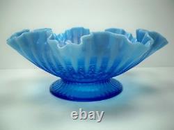 Fenton Art Glass Blue Opalescent Hearts & Flowers 10.5 Ruffled Bowl Signed