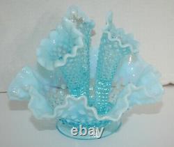 Fenton Art Glass Blue Opalescent Hobnail Epergne Bowl 3 Lily Horn Vases Vintage