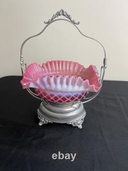 Fenton Art Glass Bride's Basket Bowl Cranberry Opalescent Diamond Optic withStand