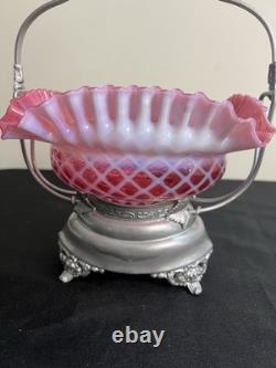 Fenton Art Glass Bride's Basket Bowl Cranberry Opalescent Diamond Optic withStand