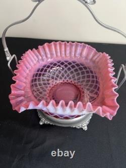 Fenton Art Glass Bride's Basket Bowl Cranberry Opalescent Diamond Optic withStand