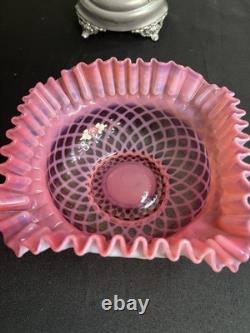 Fenton Art Glass Bride's Basket Bowl Cranberry Opalescent Diamond Optic withStand
