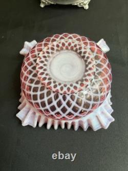 Fenton Art Glass Bride's Basket Bowl Cranberry Opalescent Diamond Optic withStand