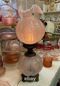 Fenton Art Glass Chiffon Pink Carnival Hobnail Victorian Gone With The Wind Lamp