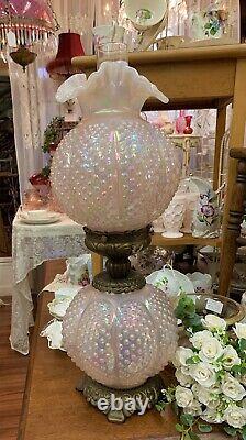 Fenton Art Glass Chiffon Pink Carnival Hobnail Victorian Gone With The Wind Lamp