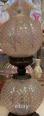 Fenton Art Glass Chiffon Pink Carnival Hobnail Victorian Gone With The Wind Lamp