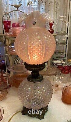 Fenton Art Glass Chiffon Pink Carnival Hobnail Victorian Gone With The Wind Lamp