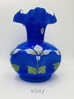 Fenton Art Glass Cobalt Blue Overlay 8 vase Pinched Ruffle Rim Hand Painted