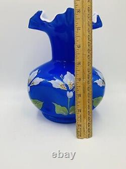 Fenton Art Glass Cobalt Blue Overlay 8 vase Pinched Ruffle Rim Hand Painted