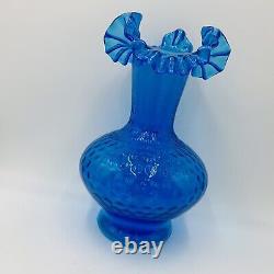 Fenton Art Glass Colonial Blue 11 Vase Crimped Rim Dot Thumbprint Optic