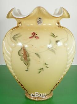 Fenton Art Glass Heirloom QVC Gold Overlay Feather Vase Tudor Rose 77/800