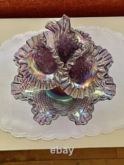 Fenton Art Glass Lavender Lilac Purple Iridized Carnival Diamond Lace Epergne