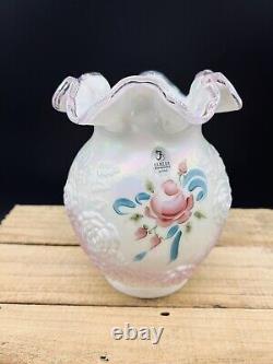 Fenton Art Glass White Victorian Language Flowers Hand Painted Rose Vase Kelley