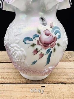 Fenton Art Glass White Victorian Language Flowers Hand Painted Rose Vase Kelley