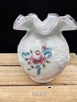 Fenton Art Glass White Victorian Language Flowers Hand Painted Rose Vase Kelley