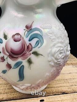 Fenton Art Glass White Victorian Language Flowers Hand Painted Rose Vase Kelley