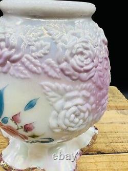 Fenton Art Glass White Victorian Language Flowers Hand Painted Rose Vase Kelley