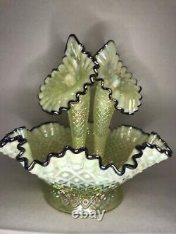 Fenton Art Glass Yellow Opalescent Hobnail Epergne Bowl 3 Lily Horn Vase Vintage