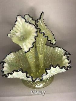 Fenton Art Glass Yellow Opalescent Hobnail Epergne Bowl 3 Lily Horn Vase Vintage