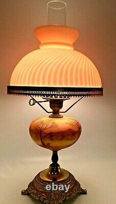 Fenton Art Glass hand painted Burmese student lamp with solid Color Shade Pretty