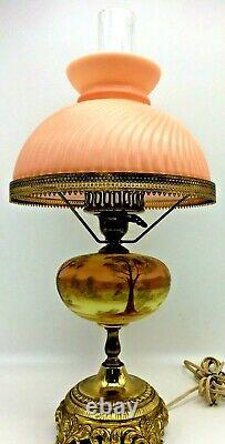 Fenton Art Glass hand painted Burmese student lamp with solid Color Shade Pretty