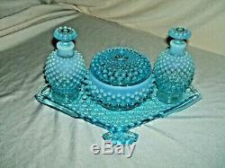 Fenton Blue Opalescent Hobnail Fan Vanity Dresser Set Rare 7 Piece