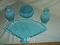 Fenton Blue Opalescent Hobnail Fan Vanity Dresser Set Rare 7 Piece