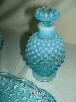 Fenton Blue Opalescent Hobnail Fan Vanity Dresser Set Rare 7 Piece